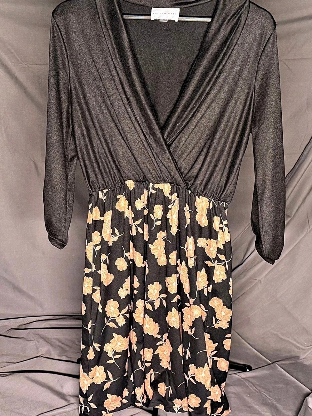 French Grey Womens Large Black Floral Surplice Wrap Dress Long Sleeve Midi Elast